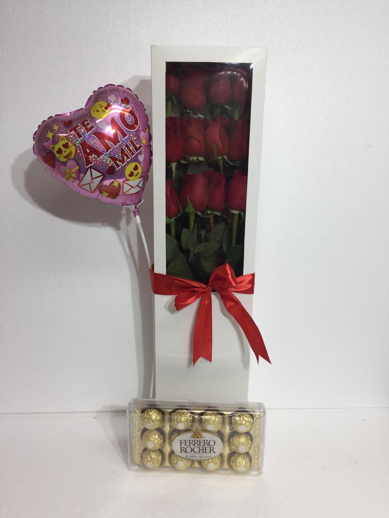 Caja con 12 Rosas ms Bombones Ferrero Rocher de 150 Grs y Globito